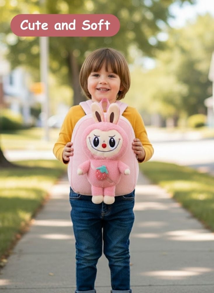 بريميم حقيبة ظهر لابوبو الوردية ثلاثية الأبعاد على شكل دمية قطيفة بتصميم لعبة أمامية - حقيبة مدرسية كرتونية محشوة ناعمة للفتيات الصغيرات، مناسبة لمرحلة ما قبل المدرسة والسفر - Image 2