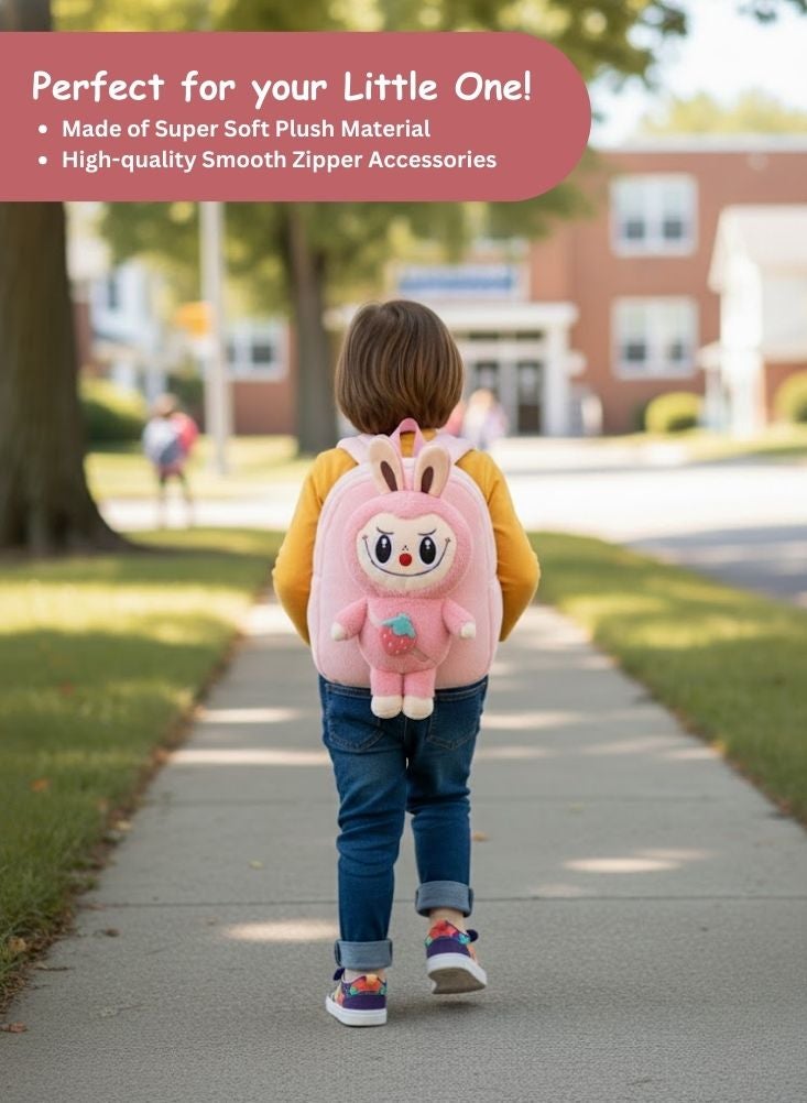 بريميم حقيبة ظهر لابوبو الوردية ثلاثية الأبعاد على شكل دمية قطيفة بتصميم لعبة أمامية - حقيبة مدرسية كرتونية محشوة ناعمة للفتيات الصغيرات، مناسبة لمرحلة ما قبل المدرسة والسفر - Image 3
