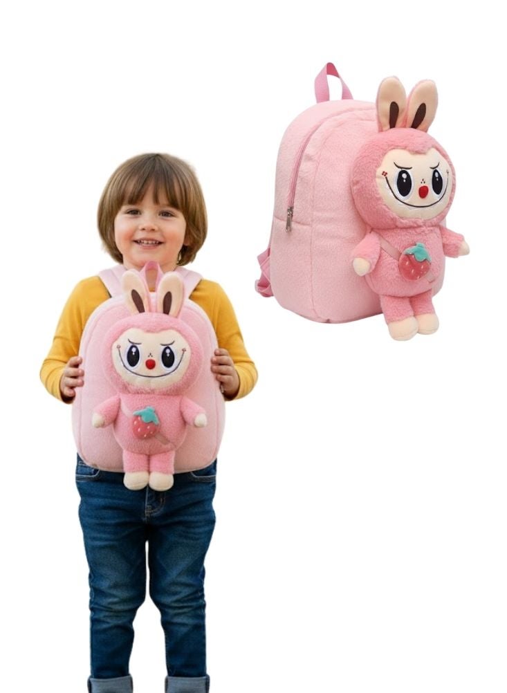 بريميم حقيبة ظهر لابوبو الوردية ثلاثية الأبعاد على شكل دمية قطيفة بتصميم لعبة أمامية - حقيبة مدرسية كرتونية محشوة ناعمة للفتيات الصغيرات، مناسبة لمرحلة ما قبل المدرسة والسفر - Image 1