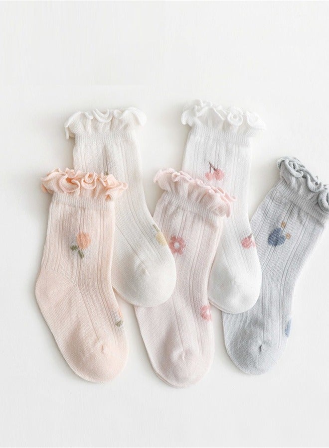 Baby Socks, 5 Pcs Toddlers Ruffle Socks, Multi-Patterned Floral Heart Bow Tie Cute Cotton Crew Socks, Anti-slip Socks Cute Knee High Socks, Newborn Crew Cotton Long Socks - Image 1