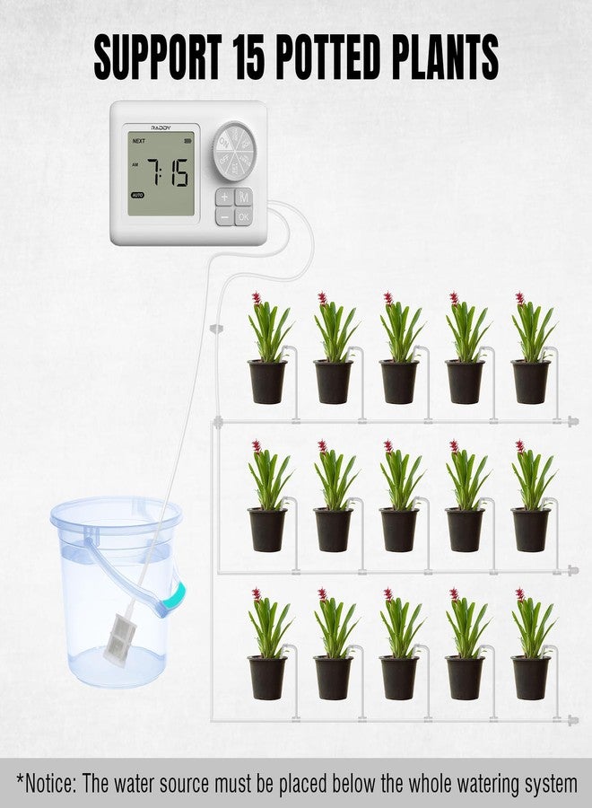 Raddy Ws-6 Automatic Plant Waterer, Indoor Watering System For 15 Potted Plants, Programmable Water Timer With Lcd Display, Usb Power, Shortage Alarm Balcony Greenhouse - Image 4