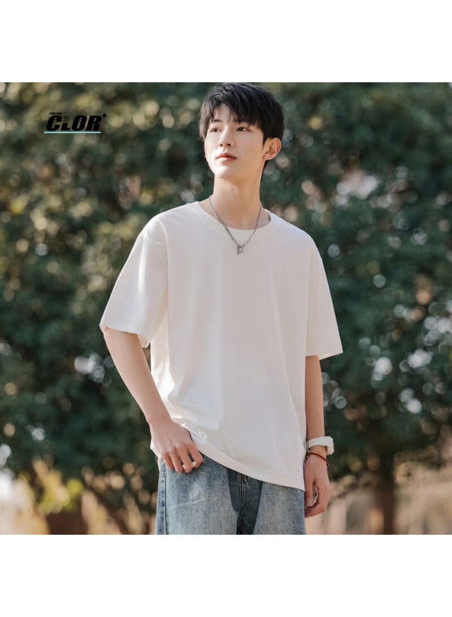 Clor Solid Color Heavyweight Short Sleeve T-shirt Men's Summer Casual Top Women's Thin Loose Bottoming Shirt Ct01 White L - Image 5