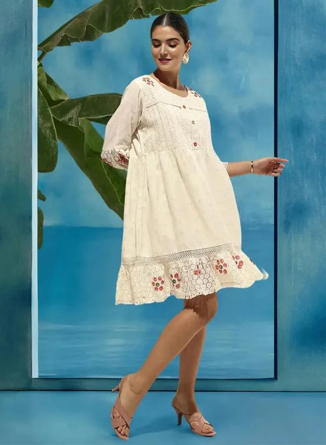 ISHIN Women's Off-White Cotton Printed Midi Smock Flared Dress