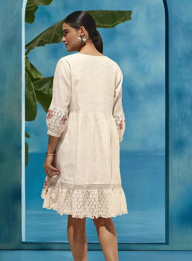 آي شين Women's Off-White Cotton Printed Midi Smock Flared Dress