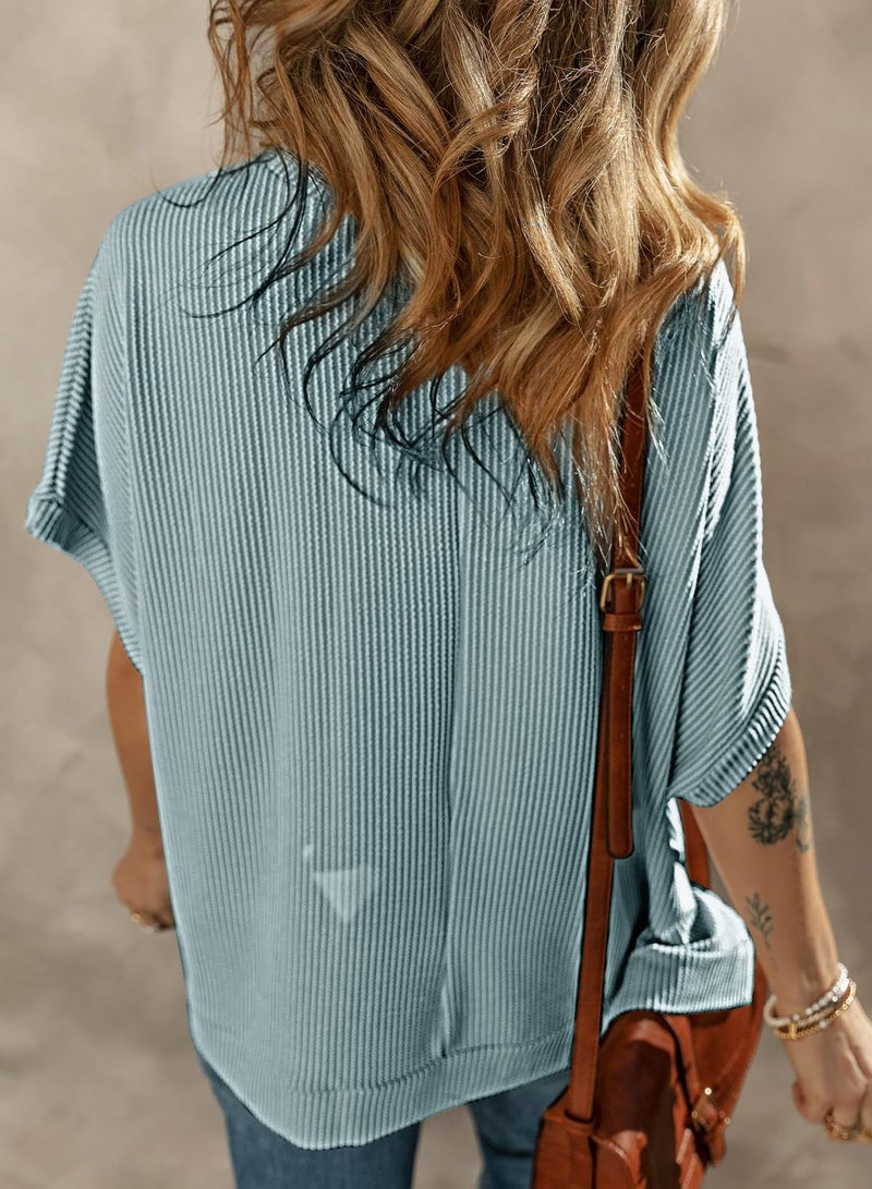 Dokotoo Womens Ladies Oversized T Shirts for Women 2026 Fahion Short Sleeve Crewneck Tunic Texture Knit Tops Casual Solid Summer Loose Fitting Trendy Slouchy Tee Shirts Blue X-Large - Image 5
