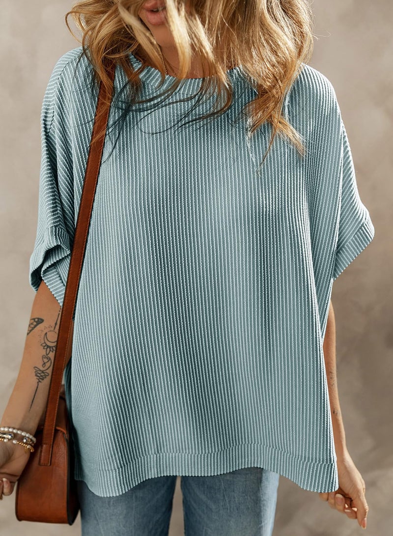 Dokotoo Womens Ladies Oversized T Shirts for Women 2026 Fahion Short Sleeve Crewneck Tunic Texture Knit Tops Casual Solid Summer Loose Fitting Trendy Slouchy Tee Shirts Blue X-Large - Image 3