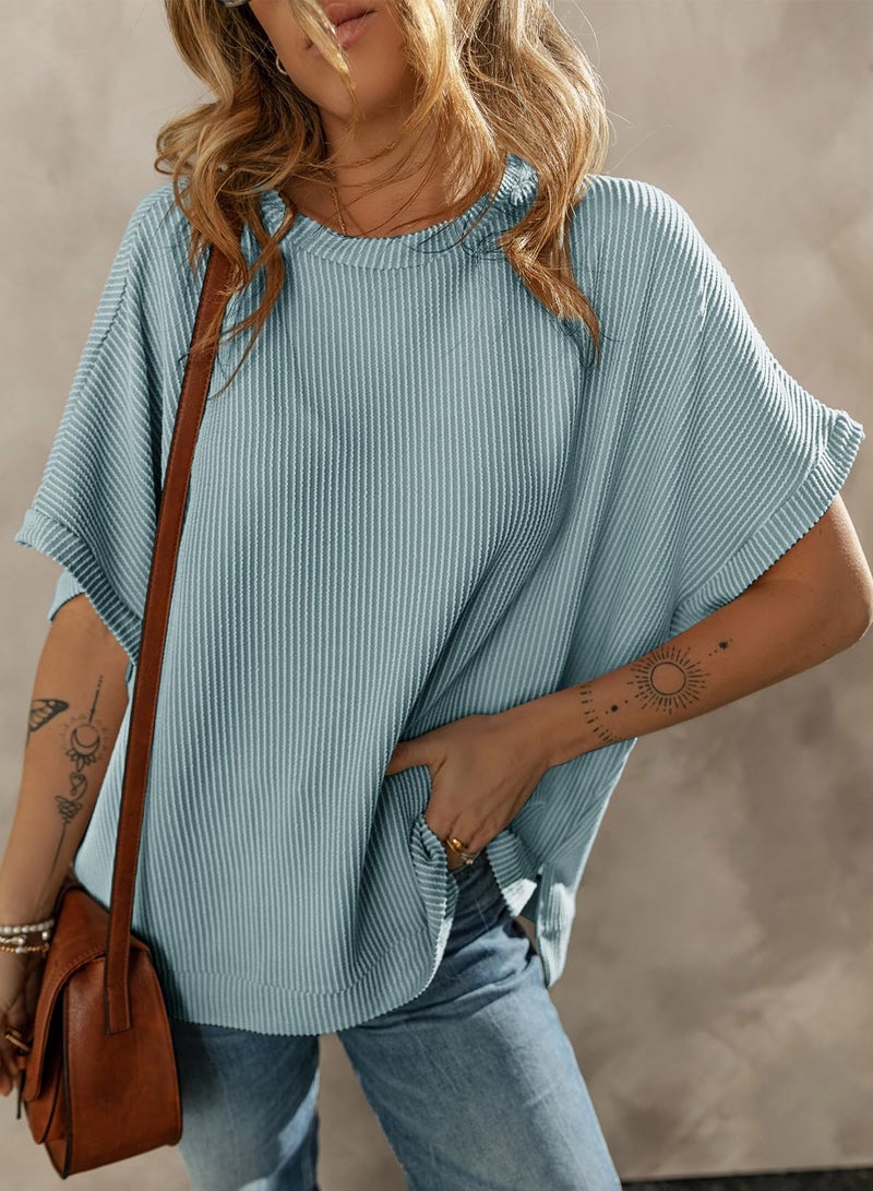 Dokotoo Womens Ladies Oversized T Shirts for Women 2026 Fahion Short Sleeve Crewneck Tunic Texture Knit Tops Casual Solid Summer Loose Fitting Trendy Slouchy Tee Shirts Blue X-Large - Image 2