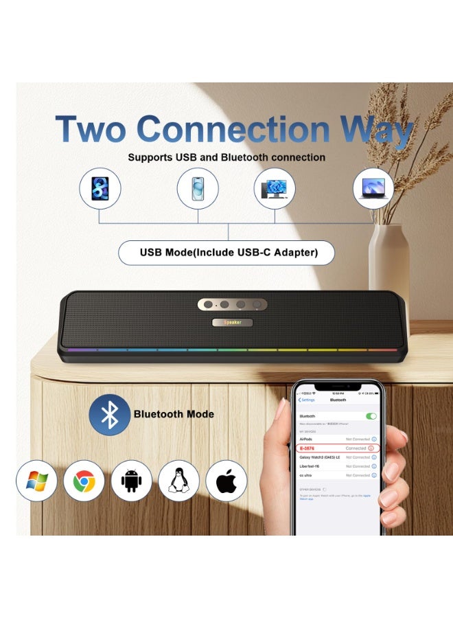 Naxifly Computer Speakers for Desktop Laptop Tablet, Wired USB Mini Sound Bar Speaker with Stereo Sound, Vibrating Diaphragms, Flowing LED, Plug-n-Play PC Speakers Computer Sound Bar, Bluetooth & USB Input - Image 3