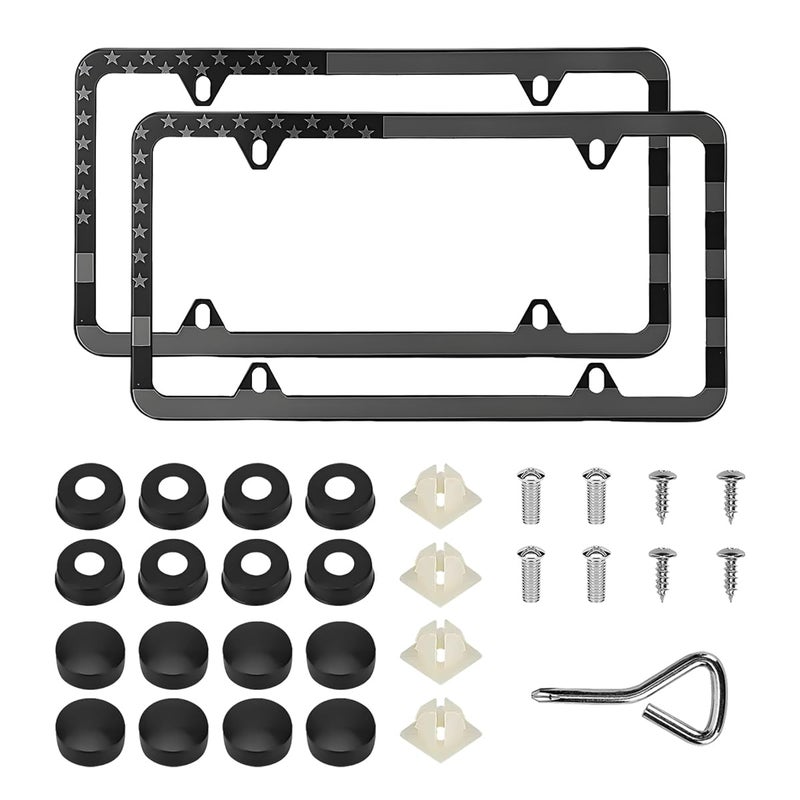 Wevdn 2 PCS American Flag License Plate Frames Front Rear Patriotic USA Car Plate Frame Aluminum License Plate Holder with Free Screws Fasteners Caps and Tool Universal Car Accessory Black - Image 3