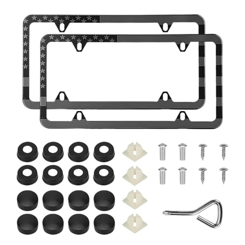 Wevdn 2 PCS American Flag License Plate Frames Front Rear Patriotic USA Car Plate Frame Aluminum License Plate Holder with Free Screws Fasteners Caps and Tool Universal Car Accessory Black - Image 1