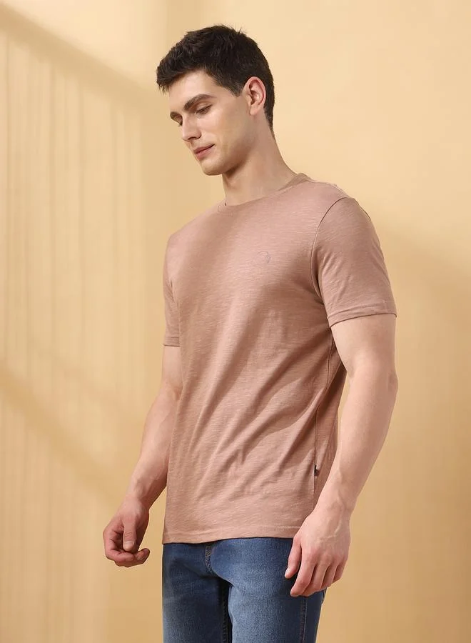 Dennis Lingo Men's Brown 100% Cotton Solid Pattern Regular Fit T-Shirt