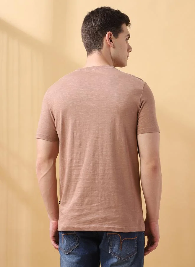 Dennis Lingo Men's Brown 100% Cotton Solid Pattern Regular Fit T-Shirt