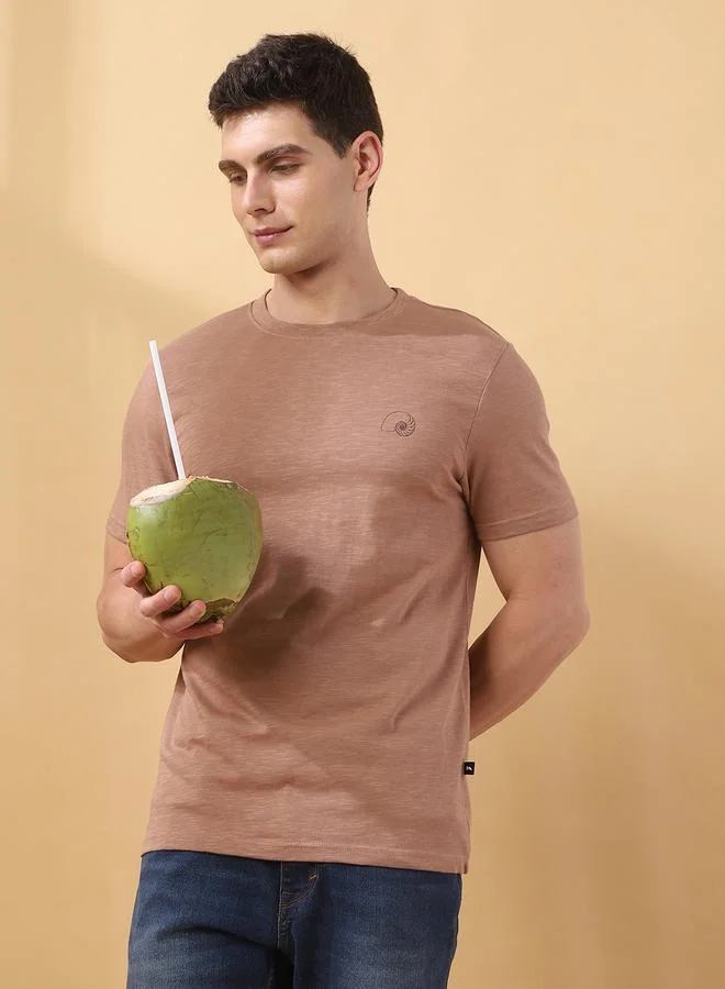 Dennis Lingo Men's Brown 100% Cotton Solid Pattern Regular Fit T-Shirt