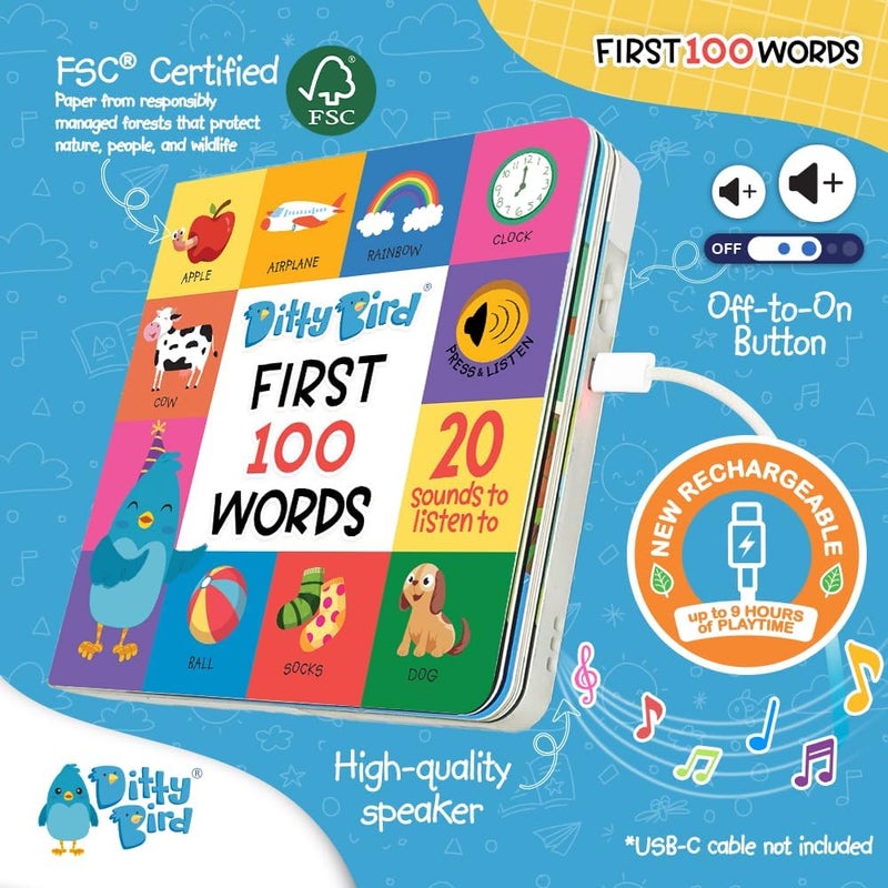 Ditty Bird | Baby First 100 Words | My First 100 Words in English | Baby Toy with 12 Sound Buttons for Sing Along and Learning English | Children from 1 - 4 Years - Image 3