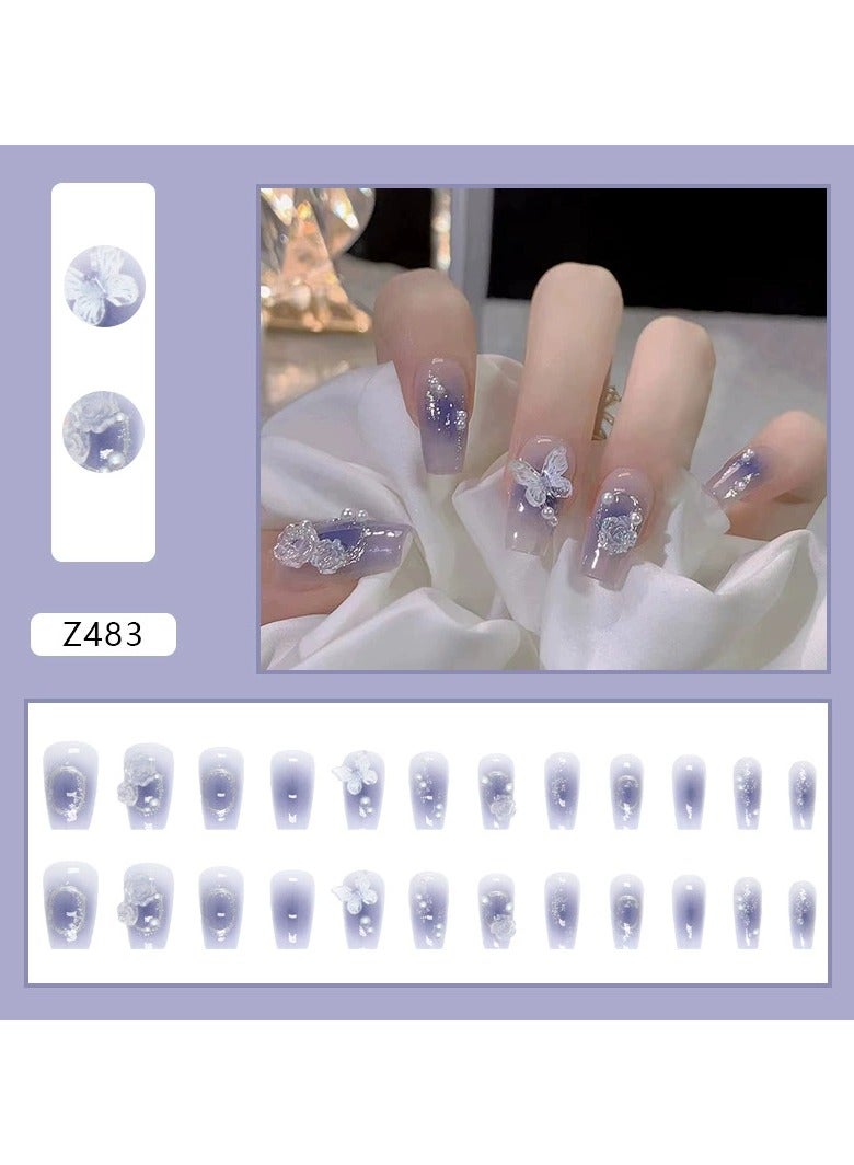 Goolsky Fairy Style Aurora Press On Nails Blue Gradient Camellia Butterfly Nail Tips 24PCS  - Image 1