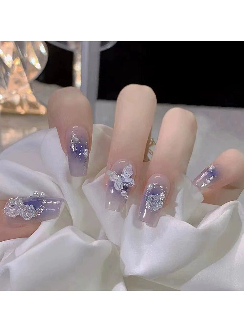 Goolsky Fairy Style Aurora Press On Nails Blue Gradient Camellia Butterfly Nail Tips 24PCS  - Image 2