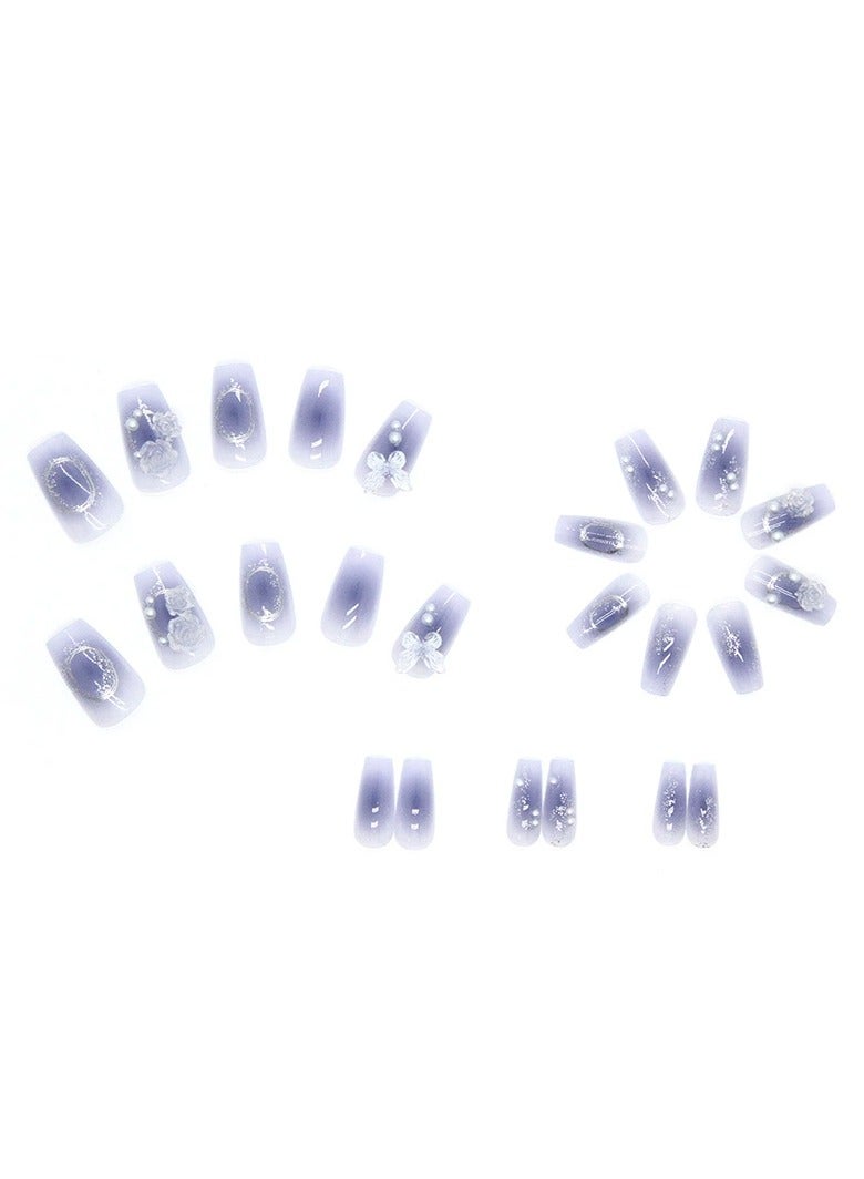 Goolsky Fairy Style Aurora Press On Nails Blue Gradient Camellia Butterfly Nail Tips 24PCS  - Image 4