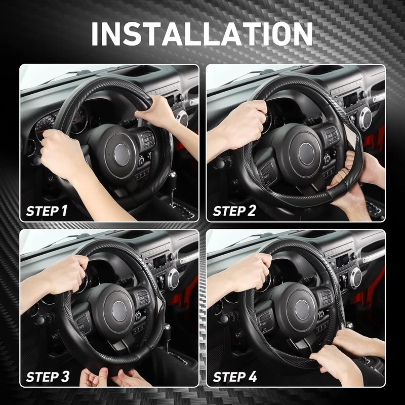 سيج دايركت غطاء عجلة القيادة المباشر من SEG بحجم كبير لـ F150 F250 F350 Ram 4Runner Tacoma Tundra Range Rover بقطر خارجي 15 1/2-16 بوصة من الجلد بنمط ألياف الكربون باللون الأسود - Image 4