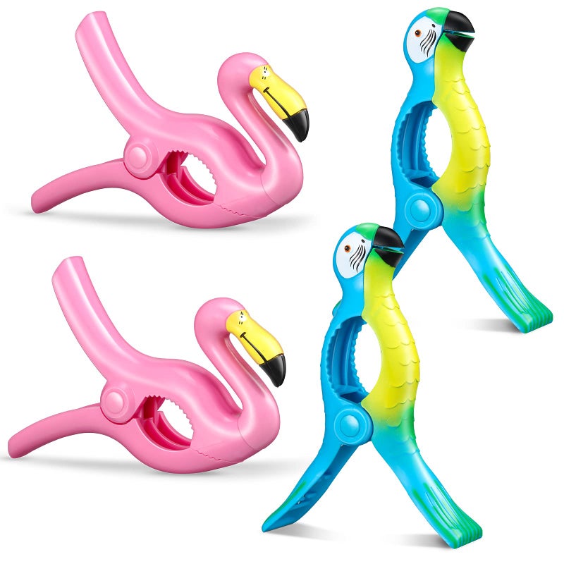 Waydress 4 Pieces Beach Towel Clip Jumbo Size Chair Clips Towel Holder Clothes Pegs Christmas Stocking Clamp for Cruise Patio Pool Holiday Vacations(Parrot, Flamingo,Blue, Pink) - Image 1