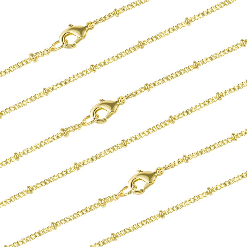 12PCS Gold Plated Solid Brass Chians Satellite Beaded Ball Curb Thin Chain Necklace Bulk for Jewelry Making 20 Inch15mm