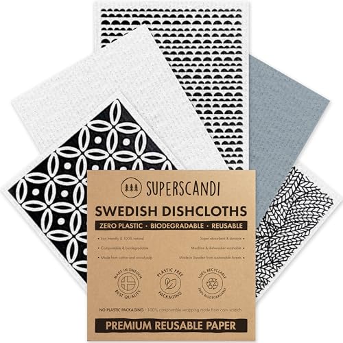 SUPERSCANDI 5 Pack Swedish Dishcloths for Kitchen - 100% Biodegradable & Compostable, Reusable Paper Towels Washable, Food-Safe & Without Plastic - Dish Rags Suitable for Any Surface, Scandi White - Image 1