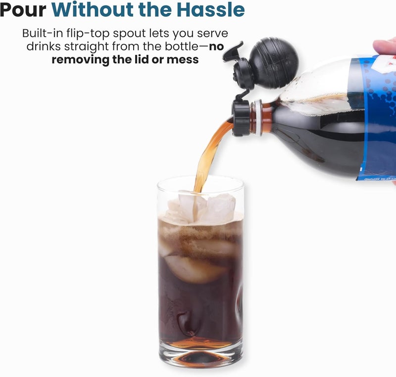 Jokari غطاء زجاجة الصودا Keeper Pump and Pour يحافظ على الكربونات مع فوهة قابلة للفتح لزجاجات بلاستيكية سعة 1 إلى 2 لتر قابلة لإعادة الاستخدام، غطاء مشروبات مكربنة آمن في غسالة الصحون، أسود - Image 3
