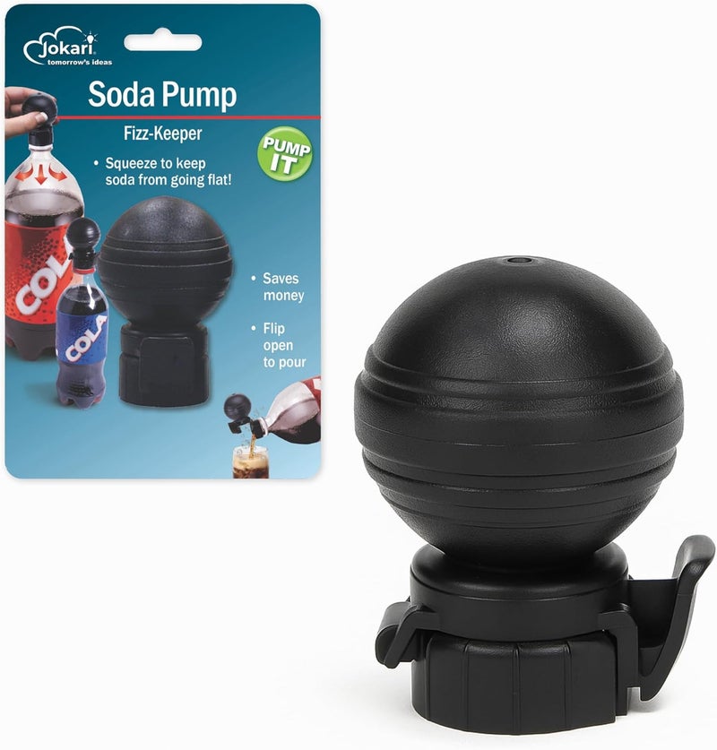 Jokari غطاء زجاجة الصودا Keeper Pump and Pour يحافظ على الكربونات مع فوهة قابلة للفتح لزجاجات بلاستيكية سعة 1 إلى 2 لتر قابلة لإعادة الاستخدام، غطاء مشروبات مكربنة آمن في غسالة الصحون، أسود - Image 1