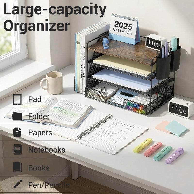 OPNICE Wood Desk Organizers and Accessories, 4-Tier Desktop File Organizer with Drawer and 2 Pen Holders, Office Desk Accessories Workspace Organizers for Office Supplies(Wood) - Image 4