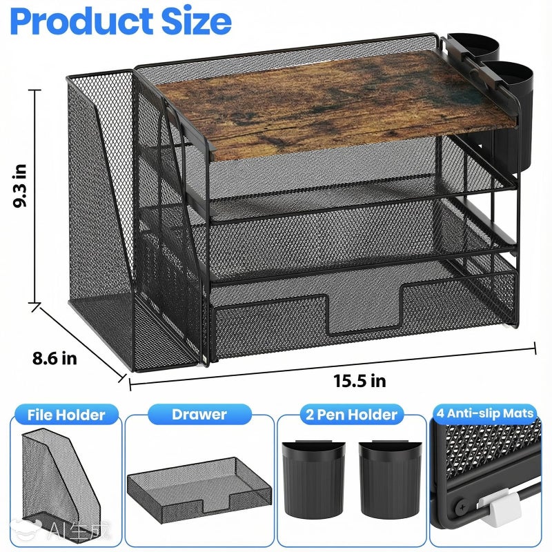 OPNICE Wood Desk Organizers and Accessories, 4-Tier Desktop File Organizer with Drawer and 2 Pen Holders, Office Desk Accessories Workspace Organizers for Office Supplies(Wood) - Image 2