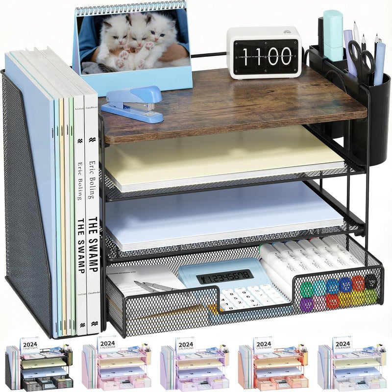 OPNICE Wood Desk Organizers and Accessories, 4-Tier Desktop File Organizer with Drawer and 2 Pen Holders, Office Desk Accessories Workspace Organizers for Office Supplies(Wood) - Image 1