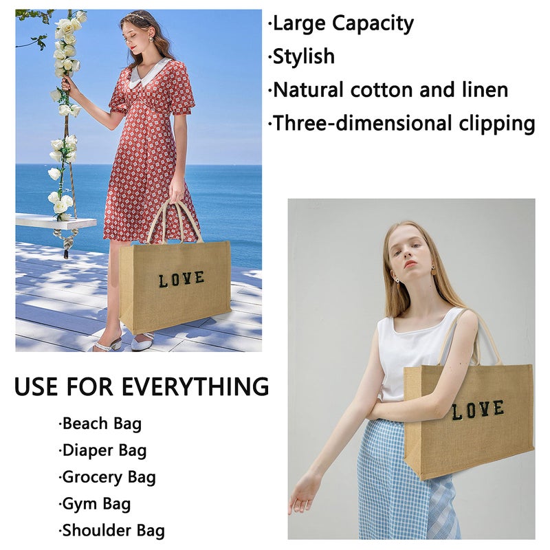 Hibala Woven Large Beach Bag Straw Beach Tote Handmade Weaving Shoulder Tassel Bag Handbag (Black Alphabet Stickers) - Image 2