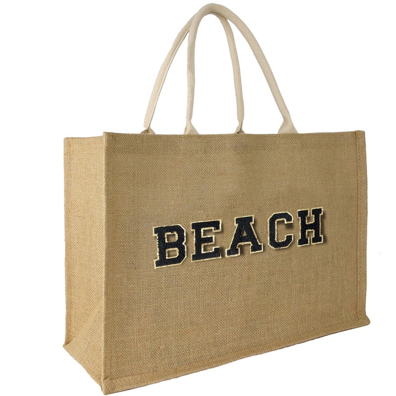 Hibala Woven Large Beach Bag Straw Beach Tote Handmade Weaving Shoulder Tassel Bag Handbag (Black Alphabet Stickers) - Image 1