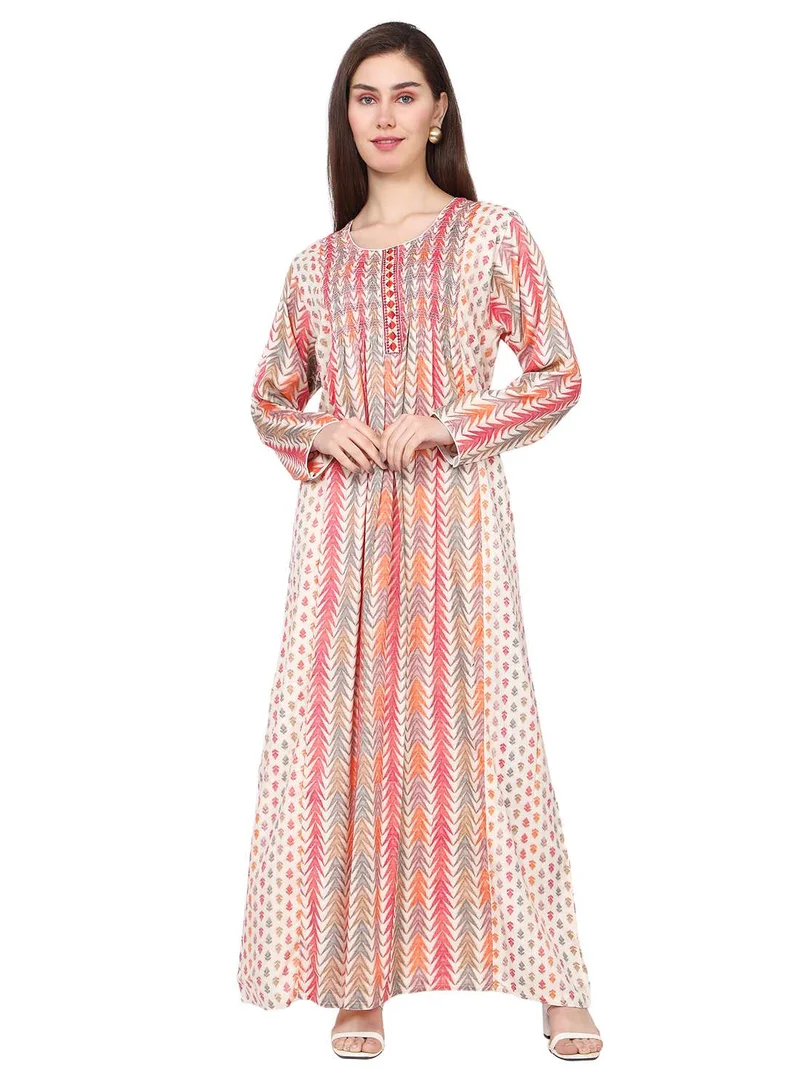 HANA & SARA CASUAL ELEGANT PRINTED DESIGN WITH FRONT EMBROIDERY SMOCKING ARABIC KAFTAN JALABIYA DRESS