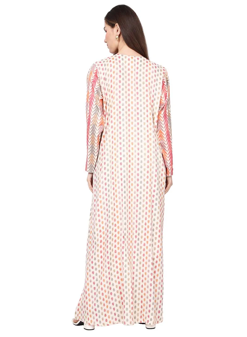 HANA & SARA CASUAL ELEGANT PRINTED DESIGN WITH FRONT EMBROIDERY SMOCKING ARABIC KAFTAN JALABIYA DRESS