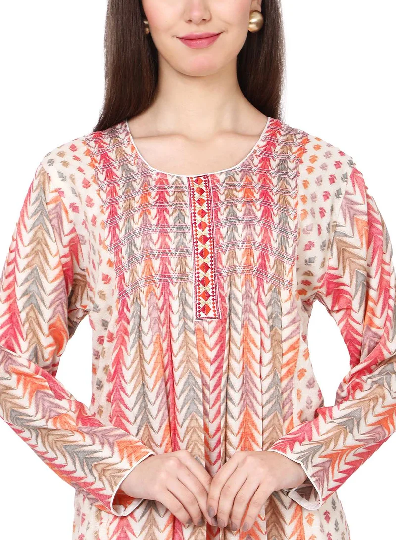 HANA & SARA CASUAL ELEGANT PRINTED DESIGN WITH FRONT EMBROIDERY SMOCKING ARABIC KAFTAN JALABIYA DRESS