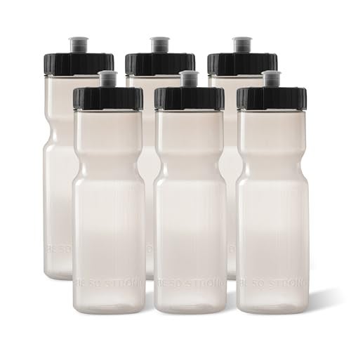 50 Strong Sports Water Bottles 6-Pack – Reusable 22 oz BPA-Free Plastic Bottles with Pull Top Cap – Made in USA – Top Rack Dishwasher Safe – Fits Most Bike Cages Brand - Clear - Image 1
