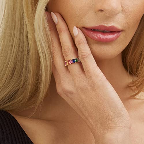 Barzel Eternity Rainbow Ring Wedding Band for Women | 18K Gold Plated Emerald-Cut Rainbow Multi Color Created-Gemstone Eternity Ring (Gold, 10) - Image 2