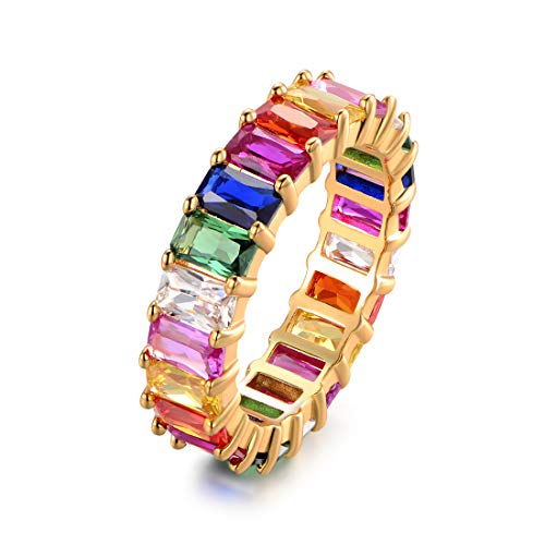 Barzel Eternity Rainbow Ring Wedding Band for Women | 18K Gold Plated Emerald-Cut Rainbow Multi Color Created-Gemstone Eternity Ring (Gold, 10) - Image 1