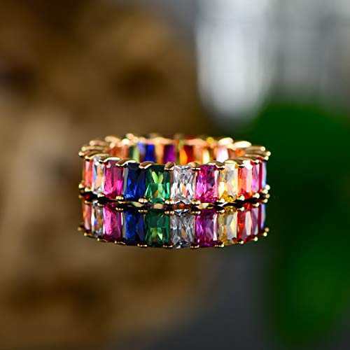 Barzel Eternity Rainbow Ring Wedding Band for Women | 18K Gold Plated Emerald-Cut Rainbow Multi Color Created-Gemstone Eternity Ring (Gold, 10) - Image 5