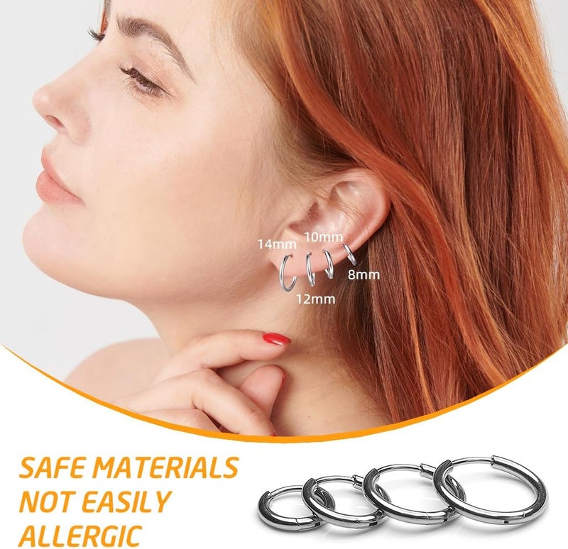 HANNEA® 4 Pairs Hoops Earrings for Women Men Stainless Steel 8mm 10mm 12mm 14mm Ear Rings Stylish Cartilage Surgical Hoop Earrings Combo Jewellery Gifts for Women, Men, Girls - Image 5