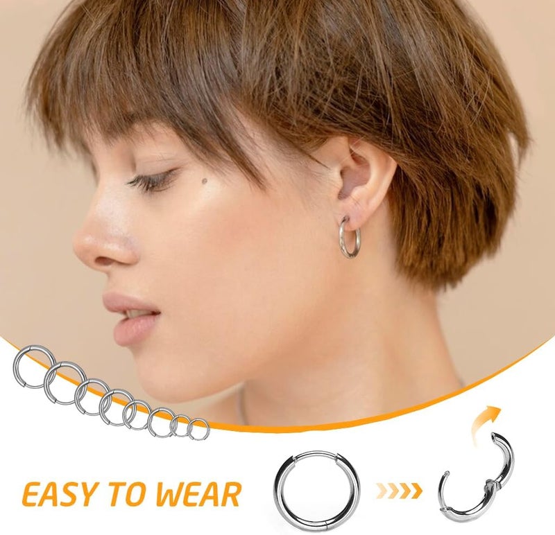 HANNEA® 4 Pairs Hoops Earrings for Women Men Stainless Steel 8mm 10mm 12mm 14mm Ear Rings Stylish Cartilage Surgical Hoop Earrings Combo Jewellery Gifts for Women, Men, Girls - Image 4