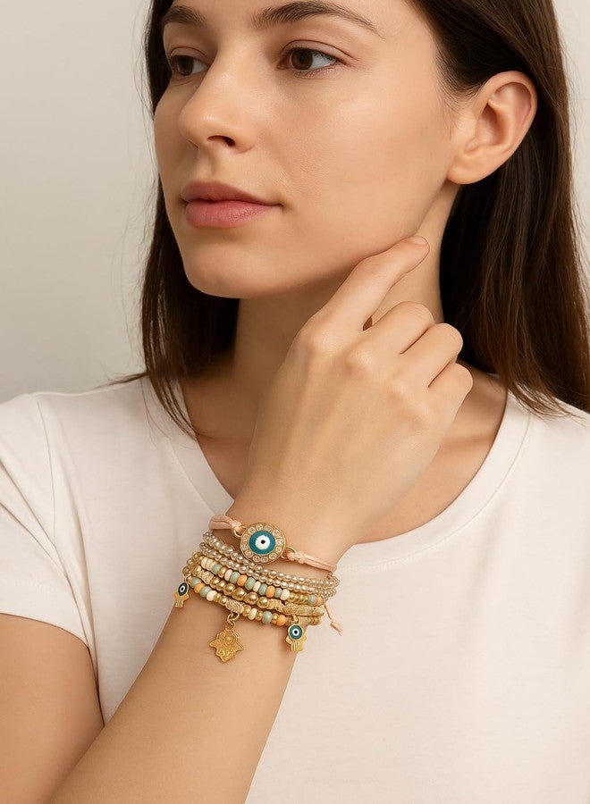 VIEN Fashion Bohemian Stackable Multilayer Hamsa Hand Evil Eye Lucky Protection Bracelets Multicolor Crystal Charm Beaded Bracelet for Women Girls - Image 2