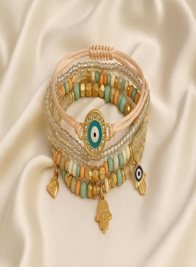 VIEN Fashion Bohemian Stackable Multilayer Hamsa Hand Evil Eye Lucky Protection Bracelets Multicolor Crystal Charm Beaded Bracelet for Women Girls - Image 3