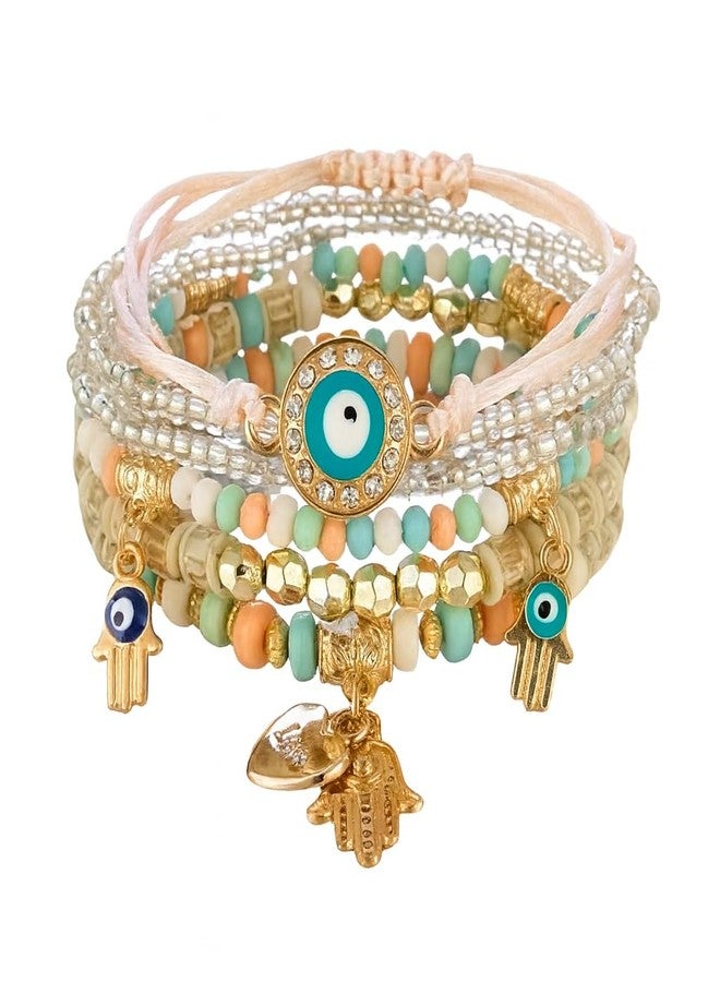 VIEN Fashion Bohemian Stackable Multilayer Hamsa Hand Evil Eye Lucky Protection Bracelets Multicolor Crystal Charm Beaded Bracelet for Women Girls - Image 1