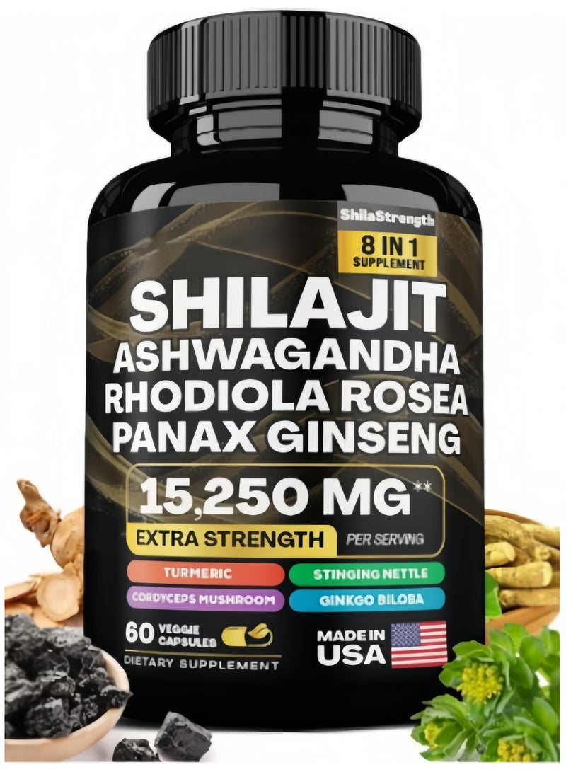 شيلاجيت آر إكس 【8 في 1 مكمل طبيعي مركب بقوة مضافة فائقة】شيلاجيت + أشواگاندها + روديولا روزيا + جينسنغ باناكس (15250 ملغ لكل وجبة): كركم / فطر الكورديسيبس / جينكو بيلوبا تعزز بشكل متكامل — تنشيط الحيوية اليومية + دعم المناعة + استرخاء الجسم والعقل - Image 1