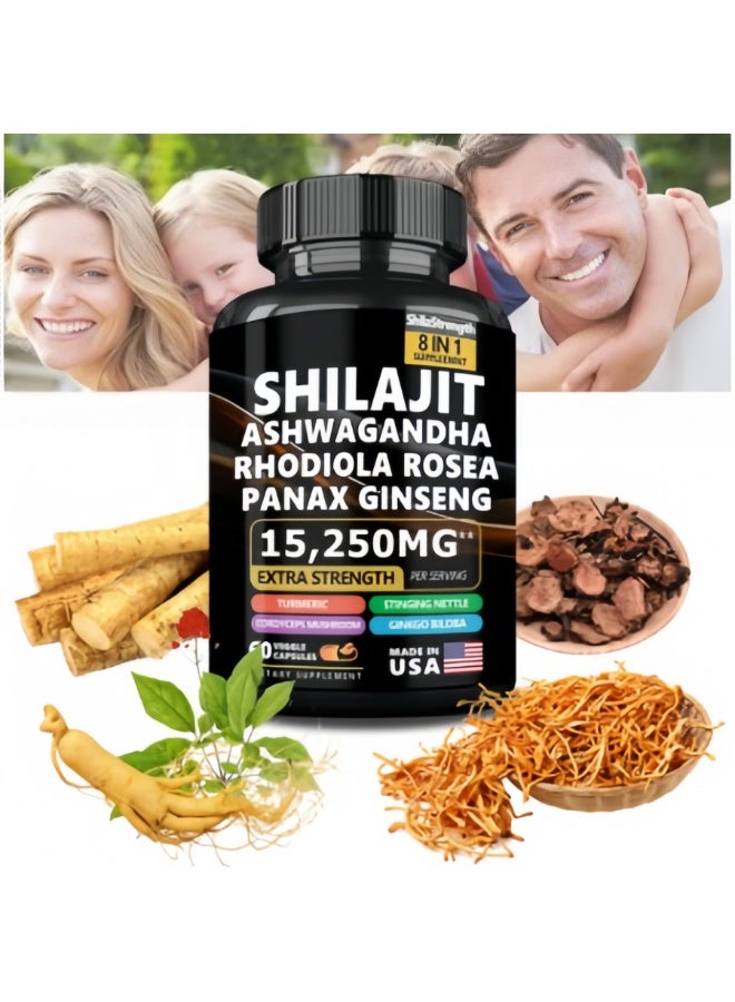 شيلاجيت آر إكس 【8 في 1 مكمل طبيعي مركب بقوة مضافة فائقة】شيلاجيت + أشواگاندها + روديولا روزيا + جينسنغ باناكس (15250 ملغ لكل وجبة): كركم / فطر الكورديسيبس / جينكو بيلوبا تعزز بشكل متكامل — تنشيط الحيوية اليومية + دعم المناعة + استرخاء الجسم والعقل - Image 2