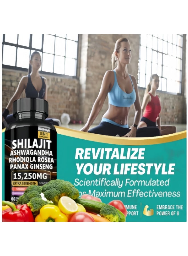 شيلاجيت آر إكس 【8 في 1 مكمل طبيعي مركب بقوة مضافة فائقة】شيلاجيت + أشواگاندها + روديولا روزيا + جينسنغ باناكس (15250 ملغ لكل وجبة): كركم / فطر الكورديسيبس / جينكو بيلوبا تعزز بشكل متكامل — تنشيط الحيوية اليومية + دعم المناعة + استرخاء الجسم والعقل - Image 3
