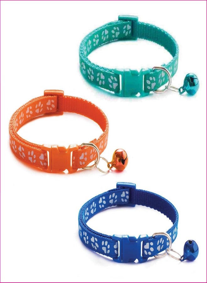 Litvibes Cat Collars Set of 3 with Bell,Kitten & Small Dogs Soft Adjustable Collar Safe,Solid & Protection Breakaway for Cats & Puppies,Cute Kitty with Paw Print-(Turquoise,Orange,Dark Blue) - Image 1