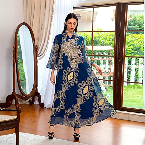 OBEEII Muslim Dress for Women Loose Full Cover Long Abaya Dress Kaftan Abayas Islamic Robe Dark Blue X-Large - Image 2