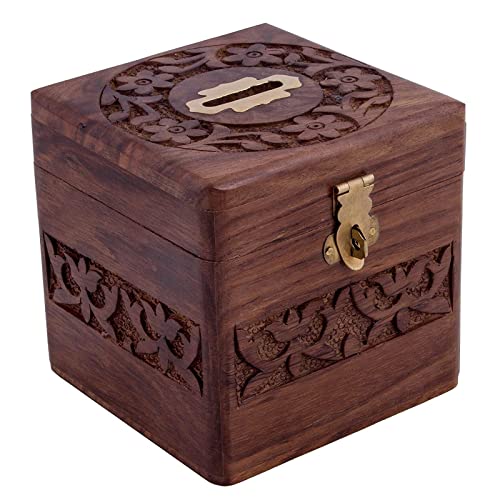 ZYNTIX Piggy Bank Coin Storage 4In Casual Carved Adult Piggy Bank Wooden Coin Bank Coin Box Money Bank for Coins and Money for Kids Money Box for Home for Adults - Image 1